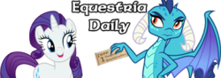 Size: 400x140 | Tagged: safe, princess ember, rarity, dragon, pony, unicorn, equestria daily, g4, banner, dragoness, female, hand on hip, horn, mare, open mouth, simple background, smiling, spread wings, transparent background