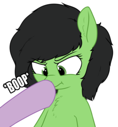 Size: 2071x2232 | Tagged: safe, artist:smoldix, twilight sparkle, oc, oc:anon, oc:filly anon, pony, :t, boop, bust, caption, chest fluff, cross-eyed, ear fluff, female, filly, implied twilight sparkle, nose wrinkle, offscreen character, scrunchy face, simple background, solo focus, transparent background