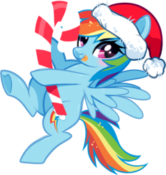 Size: 574x603 | Tagged: dead source, safe, artist:suzuii, rainbow dash, pony, g4, blushing, candy, candy cane, cute, dashabetes, female, food, hat, santa hat, solo, tongue out