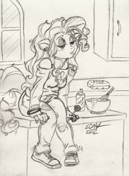 Size: 1065x1454 | Tagged: safe, artist:baikobits, pinkie pie, earth pony, anthro, plantigrade anthro, g4, clothes, converse, cooking, female, monochrome, shoes, sketch, solo, traditional art