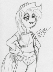 Size: 924x1254 | Tagged: safe, artist:baikobits, applejack, earth pony, anthro, g4, female, monochrome, sketch, solo, traditional art