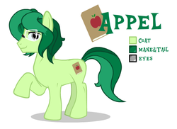 Size: 550x400 | Tagged: safe, artist:kajio, oc, oc only, oc:appel, earth pony, pony, commission, cutie mark, explicit source, glasses, gray eyes, green mane, male, profile, reference sheet, show accurate, smiling, solo