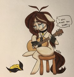 Size: 2405x2522 | Tagged: safe, artist:ameliacostanza, earth pony, pony, acoustic guitar, crossed legs, crossover, crying, dog tags, guitar, high res, hurt (song), johnny cash, laura kinney, mask, musical instrument, nine inch nails, ponified, sad, singing, solo, song reference, stool, tears of pain, tears of sadness, traditional art, wolverine, x-23