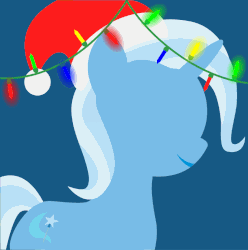 Size: 795x800 | Tagged: safe, artist:arifproject, edit, part of a set, trixie, pony, unicorn, g4, animated, arif's christmas pones, beautiful, blue background, christmas, christmas lights, cute, dark background, derpibooru background pony icon, female, garland, gif, happy, hat, holiday, horn, lights, lineless, mare, minimalist, santa hat, simple background, smiling, solo