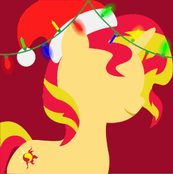 Size: 795x800 | Tagged: safe, artist:arifproject, edit, part of a set, sunset shimmer, pony, unicorn, g4, animated, arif's christmas pones, beautiful, christmas lights, cute, dark background, derpibooru background pony icon, female, garland, gif, happy, hat, horn, lights, lineless, mare, minimalist, santa hat, simple background, smiling, solo