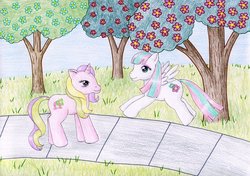 Size: 1024x722 | Tagged: safe, artist:normaleeinsane, blossomforth, lulu luck, g4, duo, flower, grass, path, traditional art, tree