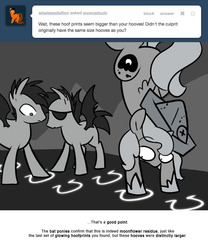Size: 666x800 | Tagged: safe, artist:egophiliac, princess luna, oc, oc only, oc:frolicsome meadowlark, oc:sunshine smiles (egophiliac), bat pony, pony, moonstuck, cartographer's cap, eyepatch, female, filly, grayscale, handstand, hat, hoofprints, monochrome, upside down, woona, woonoggles, younger