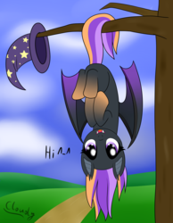 Size: 2100x2700 | Tagged: safe, artist:cloudy95, oc, oc only, oc:sophie, bat pony, pony, female, hanging, hat, high res, mare, solo, tree, witch hat