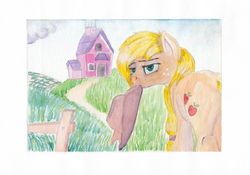 Size: 3449x2414 | Tagged: safe, artist:drafthoof, applejack, earth pony, pony, g4, bedroom eyes, butt, female, high res, looking at you, plot, solo, sweet apple acres, traditional art