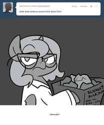 Size: 666x800 | Tagged: safe, artist:egophiliac, princess luna, alicorn, pony, ask the pie sisters, moonstuck, g4, ask, basket, clothes, female, filly, glasses, grayscale, lab coat, luna is not amused, monochrome, rock, science woona, solo, unamused, woona, younger