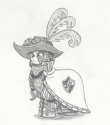Size: 1566x1776 | Tagged: safe, artist:sensko, pony, armor, braid, cape, clothes, feathered hat, general, grayscale, hat, monochrome, monocle, pencil drawing, plume, scar, simple background, soldier, solo, traditional art, twilight's royal guard, white background