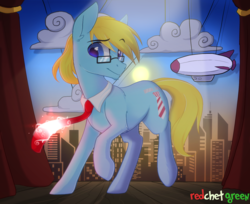 Size: 1500x1221 | Tagged: safe, artist:redchetgreen, oc, oc only, earth pony, pony, city, glasses, necktie, solo, stage