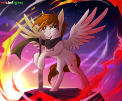 Size: 1500x1248 | Tagged: safe, artist:redchetgreen, oc, oc only, pegasus, pony, clothes, scarf, solo, spread wings, sunset, sword, weapon