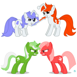 Size: 1920x1920 | Tagged: safe, artist:arifproject, artist:rainbowrage12, edit, oc, oc only, oc:discentia, oc:downvote, oc:karma, oc:upvote, pony, derpibooru, comparison, derpibooru ponified, gritted teeth, looking at each other, meta, mouth hold, nose wrinkle, ponified, reddit, simple background, smiling, white background