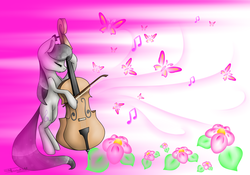 Size: 1024x718 | Tagged: safe, artist:themagicfantasy, octavia melody, butterfly, pony, g4, bow (instrument), cello, cello bow, female, flower, musical instrument, solo