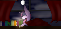 Size: 1604x773 | Tagged: safe, artist:tokinight, twilight sparkle, alicorn, pony, g4, blanket, book, candle, female, prone, solo, twilight sparkle (alicorn)