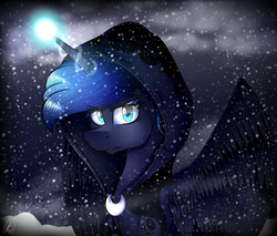 Size: 2000x1700 | Tagged: safe, artist:norica-official, princess luna, spirit of hearth's warming yet to come, pony, a hearth's warming tail, g4, cloak, clothes, female, magic, snow, snowfall, solo, spread wings