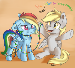 Size: 1750x1600 | Tagged: safe, artist:dbleki, derpy hooves, rainbow dash, pony, g4, angry, chest fluff, christmas, christmas lights, cute, dashabetes, derp, derpabetes, duo, fluffy, fluffyball, happy, rainbow dash is not amused, smiling, tangled up, unamused
