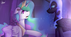 Size: 2500x1300 | Tagged: safe, artist:elainenuri, nightmare moon, princess celestia, alicorn, pony, g4, castle of the royal pony sisters, crying, female, floppy ears, frown, mare