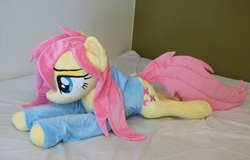 Size: 4240x2712 | Tagged: dead source, safe, artist:epicrainbowcrafts, fluttershy, pony, g4, clothes, cute, high res, hoodie, irl, photo, plushie, prone, shyabetes, solo, wet mane