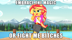 Size: 610x343 | Tagged: safe, edit, edited screencap, screencap, sunset shimmer, equestria girls, g4, my little pony equestria girls: legend of everfree, camp everfree, embrace the magic, female, fist, forest, image macro, lidded eyes, meme, mountain, pier, solo, tree