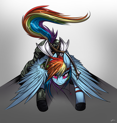 Size: 1218x1280 | Tagged: safe, artist:mirapony, rainbow dash, pegasus, pony, g4, angry, armor, axe, badass, clothes, commission, crossover, female, mare, pants, ranger, solo, weapon, x-com, xcom 2