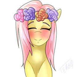 Size: 1024x1024 | Tagged: safe, artist:liza-tekeo, fluttershy, pony, g4, blushing, bust, cute, eyes closed, female, floral head wreath, flower, portrait, shyabetes, simple background, smiling, solo, white background