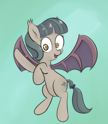 Size: 1247x1435 | Tagged: safe, artist:rusticanon, oc, oc only, oc:aronia, bat pony, pony, bow, gradient background, open mouth, simple background, smiling, solo, spread wings, tail bow, tail wrap
