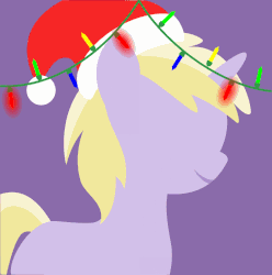Size: 795x800 | Tagged: safe, artist:arifproject, edit, part of a set, dinky hooves, pony, unicorn, g4, animated, arif's christmas pones, beautiful, blank flank, christmas lights, cute, derpibooru background pony icon, dinkabetes, female, filly, foal, garland, gif, happy, hat, horn, lights, lineless, minimalist, purple background, santa hat, simple background, smiling, solo