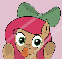 Size: 840x811 | Tagged: safe, artist:rusticanon, oc, oc only, oc:cherry sweetheart, earth pony, pony, :3, against glass, bow, cute, glass, hair bow, looking at you, pink background, silly, silly face, silly pony, simple background, solo, tongue out, underhoof