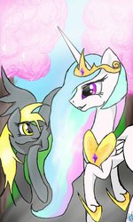 Size: 600x1000 | Tagged: safe, artist:zomixnu, derpy hooves, princess celestia, pegasus, pony, g4, bright, colorful, female, mare, phone drawing, solo