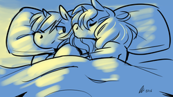 Size: 500x279 | Tagged: safe, artist:rwl, sunset shimmer, twilight sparkle, alicorn, pony, g4, bed, cuddling, cuddling in bed, eyes closed, female, kissing, lesbian, pillow, ship:sunsetsparkle, shipping, snuggling, spooning, twilight sparkle (alicorn)