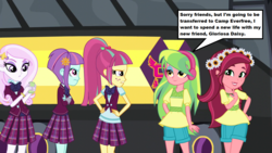 Size: 1280x720 | Tagged: safe, artist:themexicanpunisher, fleur-de-lis, gloriosa daisy, lemon zest, sour sweet, sunny flare, equestria girls, g4, my little pony equestria girls: friendship games, my little pony equestria girls: legend of everfree, alternate clothes, bus, clothes, crystal prep academy uniform, flower, flower in hair, headphones, school uniform, shorts, speech bubble