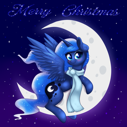 Size: 2000x2000 | Tagged: safe, artist:confetticakez, princess luna, pony, g4, blushing, clothes, crescent moon, cute, female, high res, looking at you, lunabetes, merry christmas, moon, night, pumkinroll is trying to murder us, scarf, smiling, solo, spread wings, stars, tangible heavenly object, transparent moon
