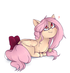 Size: 1024x1067 | Tagged: safe, artist:shellydreams, oc, oc only, pegasus, pony, bow, female, mare, prone, question mark, solo, tail bow