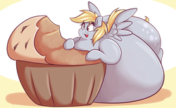 Size: 1280x785 | Tagged: safe, artist:graphenescloset, derpy hooves, pegasus, pony, aderpose, belly, belly bed, big belly, fat, female, food, giant muffin, happy, huge belly, impossibly large belly, large belly, mare, morbidly obese, muffin, obese, solo