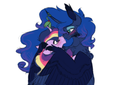 Size: 1200x800 | Tagged: safe, artist:notaguitarfret, princess luna, twilight sparkle, alicorn, bat pony, bat pony alicorn, pony, g4, bat wings, blushing, boop, colored wings, colored wingtips, curved horn, ear fluff, eye contact, female, floppy ears, fluffy, freckles, holly, holly mistaken for mistletoe, horn, hug, lesbian, lidded eyes, looking at each other, lunabat, mare, noseboop, nuzzling, race swap, rainbow power, ship:twiluna, shipping, shoulder fluff, simple background, smiling, spread wings, transparent background, winghug