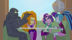 Size: 1355x759 | Tagged: safe, artist:carnifex, adagio dazzle, aria blaze, sonata dusk, equestria girls, g4, my little pony equestria girls: rainbow rocks, annoyed, crossover, eyebot, fallout, power armor, powered exoskeleton, shoddycast, story in the comments, storytelling, t-49d, the dazzlings, the story teller