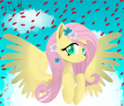 Size: 768x656 | Tagged: safe, artist:nabbiekitty, artist:sorcerell, fluttershy, pegasus, pony, g4, bust, cloud, female, flower, flower in hair, looking at you, portrait, smiling, solo, spread wings, stray strand, trace, wings