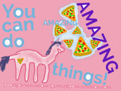 Size: 2048x1536 | Tagged: safe, artist:super trampoline, oc, oc only, pony, unicorn, 1000 hours in ms paint, food, levitation, magic, ms paint, pink background, pink coat, pizza, pizza cutie mark, poorly drawn encouragement ponies, purple mane, simple background, solo, telekinesis, text