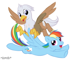 Size: 800x665 | Tagged: safe, artist:chaoskomori, artist:wolfn85, rainbow dash, oc, oc:silver quill, classical hippogriff, hippogriff, g4, colored, flying, simple background, transparent background