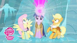 Size: 1920x1080 | Tagged: safe, screencap, applejack, clover the clever, fluttershy, private pansy, smart cookie, twilight sparkle, pony, g4, hearth's warming eve (episode), fire of friendship, heart carol, my little pony logo, my little pony: friendship is magic logo