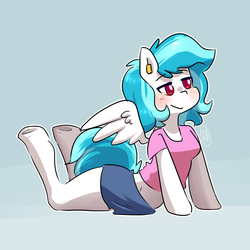 Size: 1000x1000 | Tagged: safe, artist:lucidlarceny, oc, oc only, oc:squeaky clean, pegasus, anthro, unguligrade anthro, arm hooves, blue background, clothes, colored pupils, ear piercing, female, lidded eyes, piercing, shirt, shorts, simple background, solo