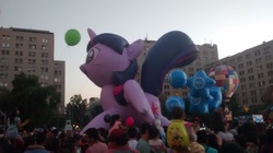 Size: 2592x1456 | Tagged: safe, twilight sparkle, alicorn, pony, g4, balloon, chile, giant pony, irl, macro, parade, parade balloon, paris parade, photo, twilight sparkle (alicorn)