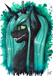 Size: 1709x2455 | Tagged: source needed, safe, artist:stirren, queen chrysalis, changeling, changeling queen, g4, bust, crown, fangs, female, horn, jewelry, on side, portrait, regalia, side view, solo, teeth, traditional art