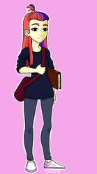 Size: 566x1019 | Tagged: safe, artist:slimegrave, moondancer, human, g4, book, clothes, female, humanized, missing accessory, pants, pony coloring, purse, shoes, signature, solo