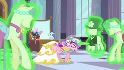 Size: 1280x720 | Tagged: safe, screencap, queen chrysalis, alicorn, changeling, pony, a canterlot wedding, g4, season 2, clothes, disguise, disguised changeling, dress, fake cadance, female, glowing horn, horn, magic, mannequin, mare, solo, telekinesis, this day aria