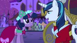 Size: 1280x720 | Tagged: safe, screencap, bruce mane, caesar, count caesar, eclair créme, jangles, royal ribbon, shining armor, twilight sparkle, pony, a canterlot wedding, g4, love is in bloom