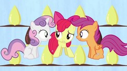 Size: 1280x720 | Tagged: safe, screencap, apple bloom, scootaloo, sweetie belle, pony, g4, one bad apple, babs seed song, cutie mark crusaders