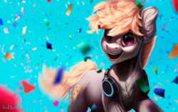 Size: 1024x644 | Tagged: safe, artist:lulemt, oc, oc only, oc:cookie malou, pony, confetti, happy, headphones, solo